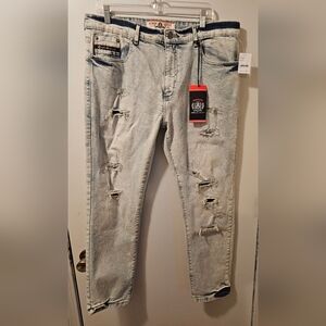 Akademiks Jeanius Level Jeans Iron Wash Blue Distressed Men's Size 38x30 NWT